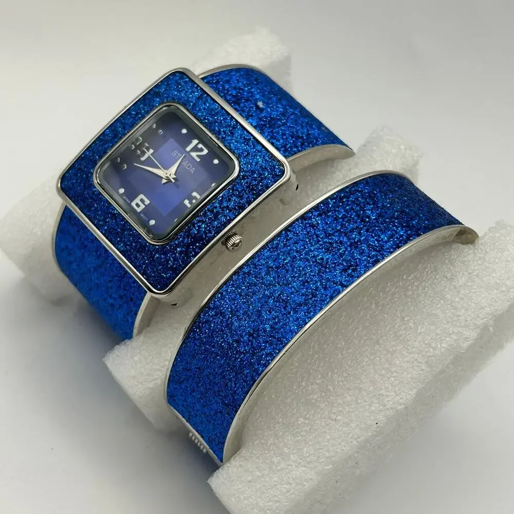 Strada Blue Glitter Stainless Steel Women’s Bangle Watch with Bracelet